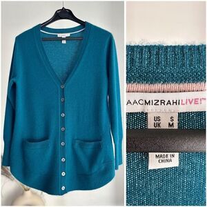 Isaac Mizrahi Live! 100% Cashmere Button-Front Cardigan w/ Pockets Teal Small
